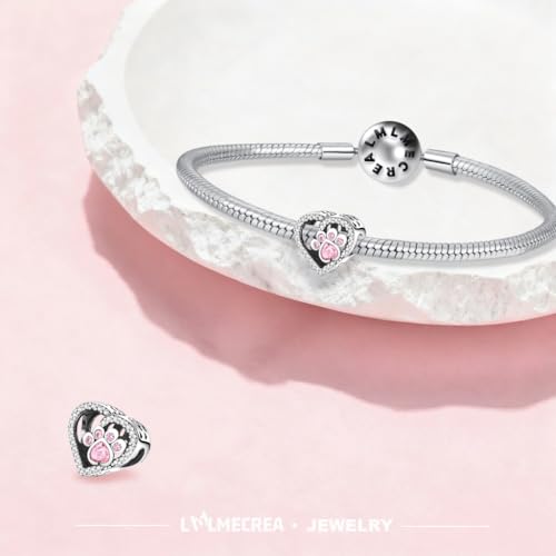 LMLMECREA Herz Charms Anhänger 925 Sterling Silber mit Rosa Hundepfote- Charm für Europäische Armbänder - Geschenk für Frauen