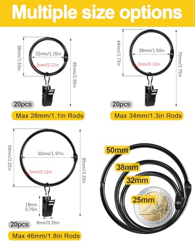 Caianwin 20 Stück Gardinenringe mit Clips, Metall Vorhangringe zum öffnen 32mm Innendurchmesser, Gardinenringe Haken für Stange,Duschvorhang(Schwarz)