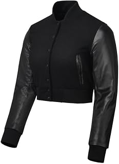 Cropped Varsity Jacket Women - Premium Quality Leather and Wool Baseball Letterman Jacket for Women's, Long Sleeve