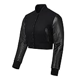 Cropped Varsity Jacket Women – Letterman Jacket Woman with 100% Cowhide Leather Sleeves & Wool Body – Baseball Jacket for Woman – Button Closure
