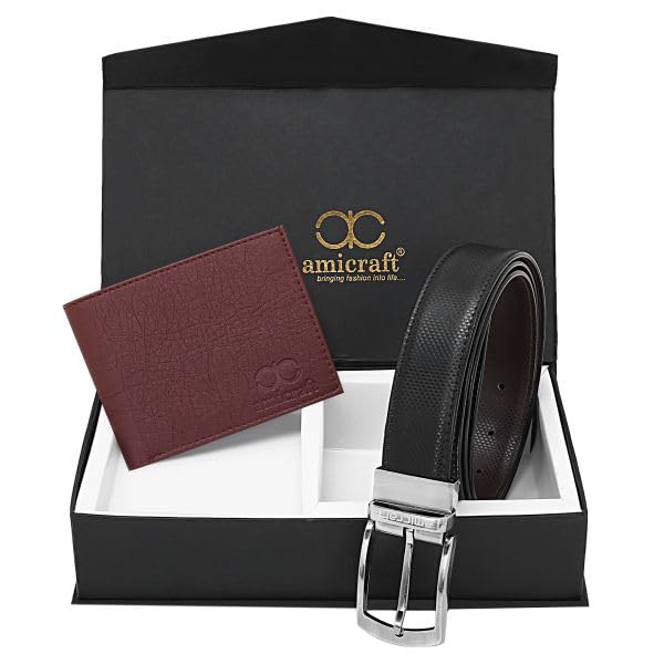 Image of Amicraft Men's Combo Pack of PU Leather Wallet & Reversible Belt Gift Set