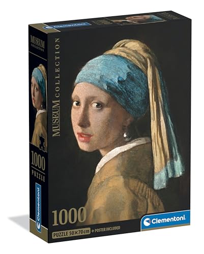 Clementoni – Puzzle 1000 Pezzi Arte, per Adulti e Ragazzi, Museum Collection, Tema Ragazza con Orecchino di Perla, con Poster Incluso, Compact Box, Idea Regalo Made in Italy, 50×70 cm, 39967