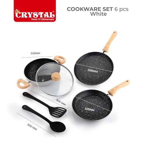 Image of Crystal Aluminum 6 Pcs Non Stick Cookware Set with Induction Bottom | Tawa, Fry Pan, Kadhai with Lid, Laddle & Spatula | Durable 4 Layer Non Stick Coating | PFOA Free | White