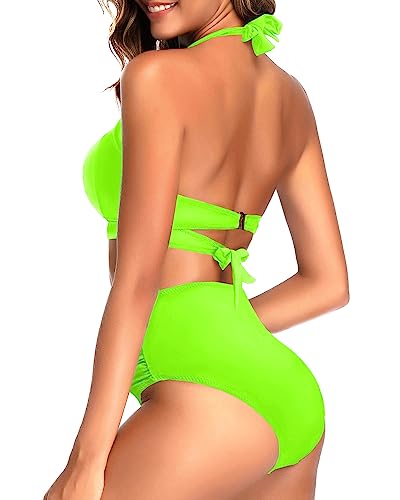 Tempt Me Women's Vintage Swimsuits Neon Green Retro Halter Ruched High Waist Bikini With Bottom S #TOP3