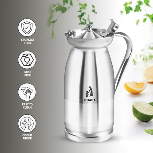 Image of Dhara Stainless Steel Jug for Water, Rust Free 2 Litre Jug with Streamlined Handle & Lid for Home and Restrurent Use