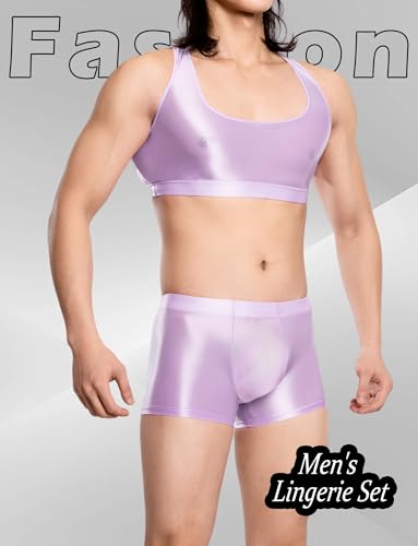 SEAUR Men's Sexy Glossy Lingerie Set Sheer Outfit Shiny Racerback Crop Top & Low Rise Pouch Boxer Underwar3