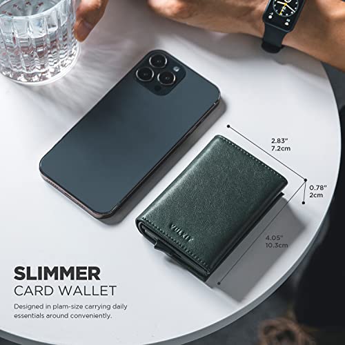 Image of VULKIT Credit Card Holder with Banknote Compartment RFID Blocking Pop up Leather Card Wallet with ID Window, Green, Minimalist