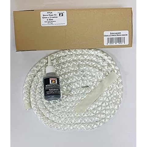 PotteryproUK PPUK Stove Rope 12mm x 3 metres & 50ml Glue Kit for Woodburners Log Burner Pizza Oven. Door Seal kit., White Rope Black Glue Cover