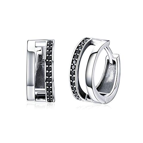 Boucles d'oreilles argent 925 anti-allergie double cercle avec zircon noir pour oreilles sensibles