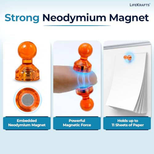 Image of LifeKrafts Magnetic Push Pins | Pack of 70 | Magnetic Thumb Tacks, Fridge Magnets for Whiteboard, Fridge, Metal Surface | No-Scratch, Strong Hold for Notes, Photos, Reminders | Office, School, Home