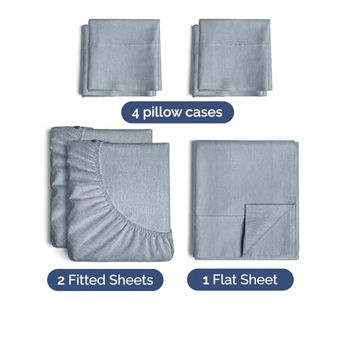 Image of Split King 7 Piece Bed Sheet Set - Breathable & Cooling - Heathered Blue | Ultra-Soft Hotel Luxury Bedding Set w / 8-16 Inch Deep Pockets, 1 Flat & 2 Fitted Sheet & 4 Pillowcases, Wrinkle & Fade Free