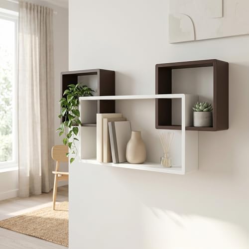 Image of Modern Geometric Floating Wall Shelf - Wall Mounted Decorative Display Shelves for Living Room, Bedroom & Office | Wooden Wall Shelf for Home Decor, Books, Plants & Showpieces (Brown & White)