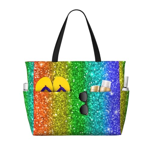 Grand sac de plage arc-en-ciel à paillettes pour femme