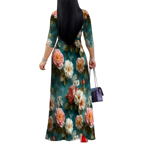 Image of Women Plus Size Long Sleeve V Neck Maxi Dress with Belt | Soft fabric relaxed fit three quarter sleeve v neck with pockets for party and daily wear
