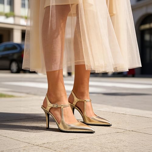 Image of SAMMITOP Womens High Heels Ankle Strap Pointed Toe Stilettos Patent Leather Beaded Pumps Dress Shoes 3.5 Inch