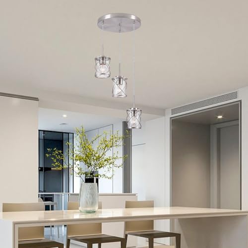 Kitchen Island Light, 3 Light Cluster Pendant Lights Stairwell Lighting Chandelier for Dining Room, Modern Linear Pendant Light for Kitchen Island Living Room with Adjustable Rods, Brushed Nickel by mavcadonf - Used condition - Image 5