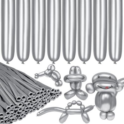 Image of LXZFCRG 260 Long Balloons, Shiny Metallic Latex Twisting Balloon for Balloon Animals, Magic Balloons for Birthdays Wedding Party Decorations 100pcs (Metallic Silver)