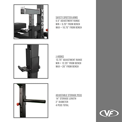 Valor Fitness Competition Bench Press Rack- Safety Spotter Bars - Heavy Duty - 7 J-Hooks & 4 Band Pegs -Power Lifting Max Weight 1000 lbs Certified IPF Standard