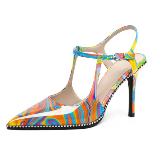 Image of SAMMITOP Womens High Heels Ankle Strap Pointed Toe Stilettos Patent Leather Beaded Pumps Dress Shoes 3.5 Inch