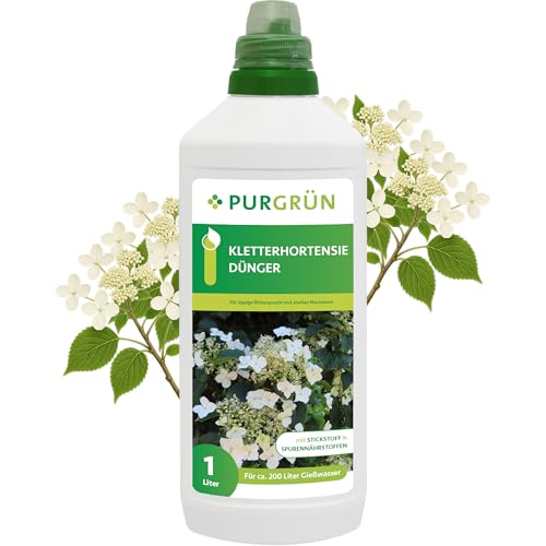 Purgrün® Kletterhortensie-Dünger 1 Liter – Organisch-mineralische Rezeptur – Premium-Flüssigdünger mit Spurennährstoffen – NPK 6+6+8 – Mit Spurennährstoffen – Für leuchtende Blüten