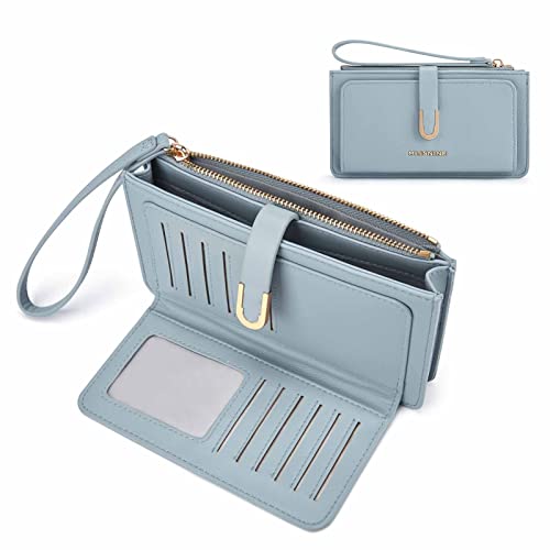 Missnine Damen-Geldbörse, PU-Leder, RFID-blockierend, Kartenhalter, Damen-Clutch, mit Handyfach, blau Cover