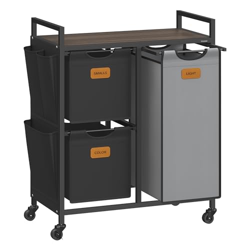 VASAGLE Panier à Linge, 3 Compartiments, Corbeille 100 L, Bac, Roulettes, Chariot avec Étagères, Sac, Poches Latérales, 6 Étiquettes, Marron Châtaigne, Noir d'Encre et Gris Tourterelle BLH202B01