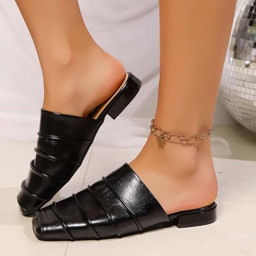 Sandalias mule slip-on de punta cuadrada y tacón bajo, zapatillas planas casuales de verano 3