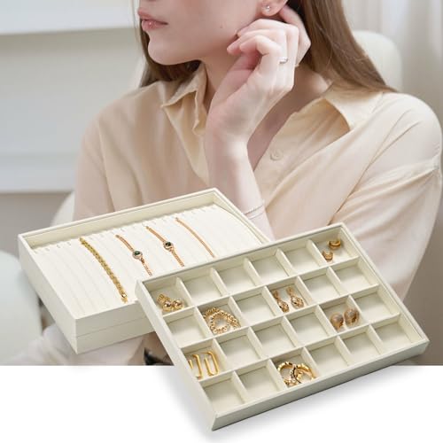 24 Grids Microfiber Jewelry Trays Ring Earrings Organizer Tray Stackable Jewelry Drawer Organizer(Beige)