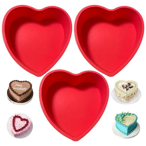 REECAGO Silicone Heart Shaped Cake Pans, 3pcs 8 Inch Silicone Cake Pan for Baking, Heart Molds Silicone Non-Stick Quick Release Suitable, Easy Clean