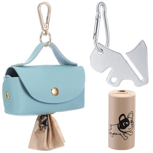 Image of Affrolling 5 Pcs Leather Dog Poop Bag Holder Christmas Include 45 Scented Poop Bags Dispenser Cute for Travel Walking Dog Park and Outdoor Use(Sky Blue)