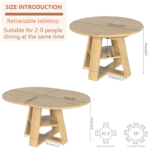 43.3in-59in Extendable Round Dining Table for 4-8,Modern Kitchen Oval Dining Table with Removable Leaves Space Saving,Wood Base with Storage Shelf for Kitchen Living Room (Wood Color)