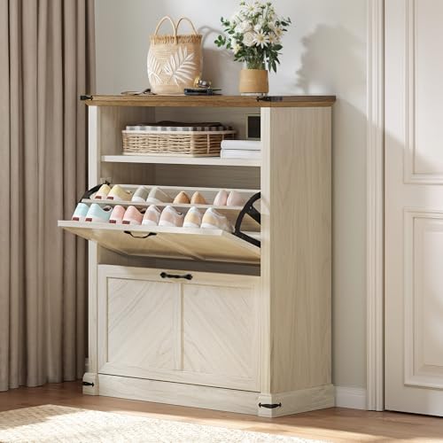 YITAHOME Shoe Cabinet for Entryway, 40inch Tall Shoe Storage Cabinet, Slim Shoe Cabinet with 2 Flip-Out Drawers & 1 Open Shelf, Shoe Storage for Entryway Hallway, Off White Off White 2 Flip