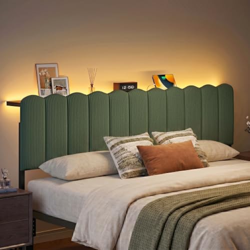 Pinmoco King LED Light Headboard with Storage Shelf, Olive Green