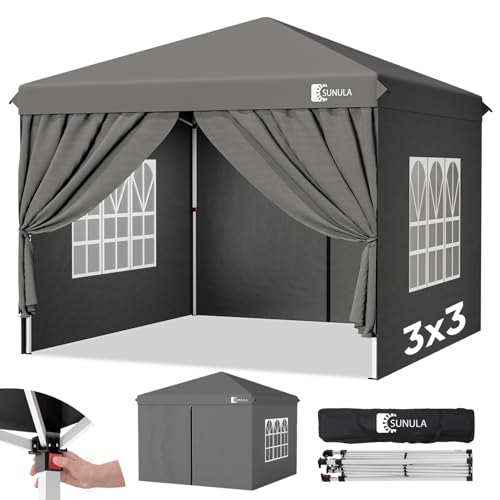 Sunula Pavillon 3x3 Wasserdicht Stabil Winterfest mit 4 Seitenwänden, Faltpavillon 3x3m mit Verdickten Röhren, Partyzelt Gartenpavillon Faltzelt für Camping Festival Party (Grau)