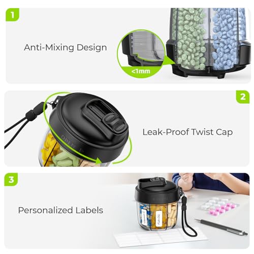 Image of AUVON Portable Pill Dispenser for 7 Various Supplements, Pill Organizer Bottle Travel Essentials with Anti-Mixing Design, Arthritis-Friendly Pill Container with Wide Opening & Slider Lid, 20 Stickers