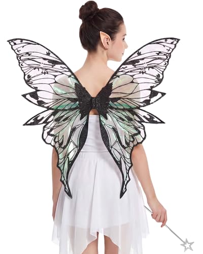 Kutyndrix Fairy Wings for Adult Women 3Pcs Fairy Costume Set with Butterfly Wings and Elf Ears for Halloween Cosplay (Black)