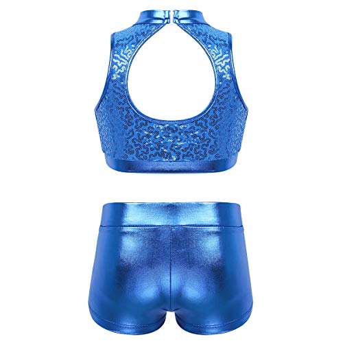 Image of easyforever Kids Girls 2PCS Shiny Mermaid Scales Ballet Dance Outfit Crop Top with Short Tankini Swimsuit