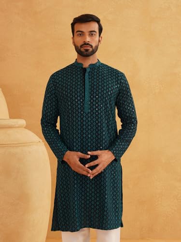 Image of SOJANYA Men's Coffee Brown Cotton Blend Kurta with Intricate Embroidery & Subtle Sequin Work