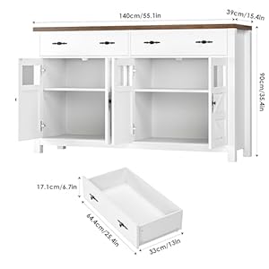 FINETONES Sideboard Buffet Cabinet with Storage, 55" Long Buffet Cabinet with 4 Doors & 2 Large Drawers, Modern Sideboard Coffee Bar Cabinet Console Cabinet for Kitchen and Dining Room, White FINETONES Sideboard Buffet Cabinet with Storage 55 Long Buffet Cabinet with 4 Doors 2 Large Drawers Modern Sideboard Coffee Bar Cabinet Console Cabinet for Kitchen and Dining Room White