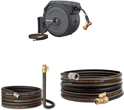 Giraffe Tools AW40 Garden Hose Reel 5/8 inch x 90 ft Wall Mounted+Giraffe Tools Garden Hose 25ft x 5/8", Female and male Fittings+Giraffe ToolsGarden Hose 35ft x 5/8", Male and Female Fittings