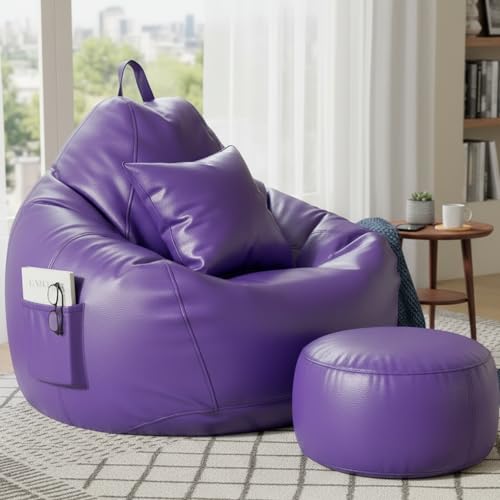 Image of KAM'S LIEU Leatherette Bean Bag Chair with Footrest | Filled with EPS Beans | Comfortable Sofa for Living Room & Bedroom | 4XL Size, Easy to Clean Color- (Purple)