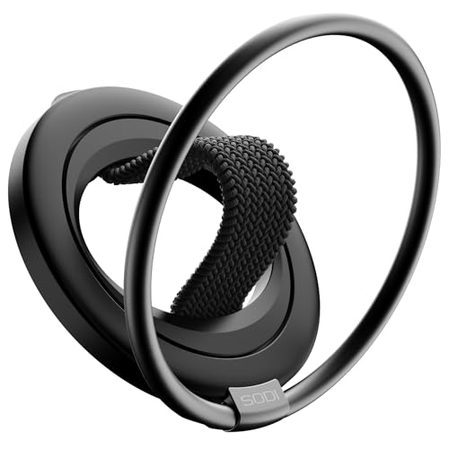 【マグネット・強力磁石】SODI スマホリング&スタンド MagSafe対応 360度回転・180度反転 マグセーフ MagSafe リング 薄型 軽量 マグネット式 磁石 簡単着脱 スマホ落下防止 指かけタイプ iPhone 16/15/14/13/12 Pro Max&Androidシリーズなどに対応 テーブル 金属リング付き ストラップ付き ブラック