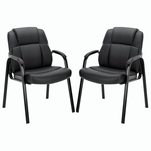 Sweetcrispy - Sweetcrispy Waiting Room Chairs No Wheels Set of 2, Big and Tall PU Leather Executive Stationary Chair with Padded Arms for Elderly Home Office Desk Guest Reception Conference Room Lobby Side