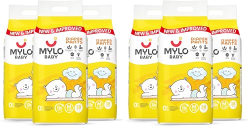 Image of Mylo Baby Diaper Pants Medium (M) Size 7-12 kgs (114 count) Leak Proof | Lightweight | Rash Free | Upto 12 Hours Protection | ADL Technology | with Aloe Vera Lotion (38 Count, Pack of 6)