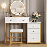 DSAFGGY Vanity Desk with Lighted Mirror and Stool, Makeup Vanity with 5 Drawers(3 Fabric), 3 Lighting Modes LED Mirror, Vanity Table for Bedroom Dresser Vanity Set, Girls Women Gift, White and Gold