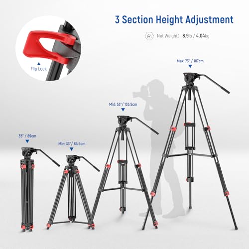 NEEWER Basic 74" Video Tripod with Fluid Head, Metal Camera Tripod with Smooth Friction Damping, Mid Level Spreader, Quick Release Plate Compatible with Manfrotto 501, Max Load 17.6lb, TP37 by NEEWER - Image 2