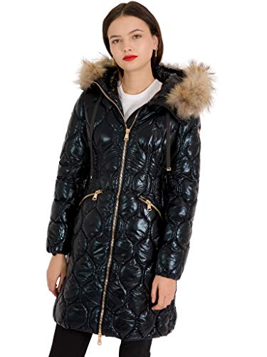 Doudoune femme longue matelassée bleu marine fausse fourrure chic