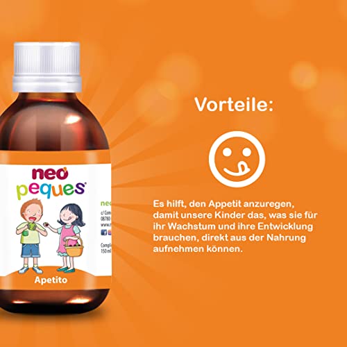 Neo Peques Appetite Sirup (150 ml), appetitanregendes Nahrungsergänzungsmittel für Kinder ab 3 Jahren, mit Spirulina, Mineralstoff-Komplex und Pflanzenextrakten, mit Himbeergeschmack