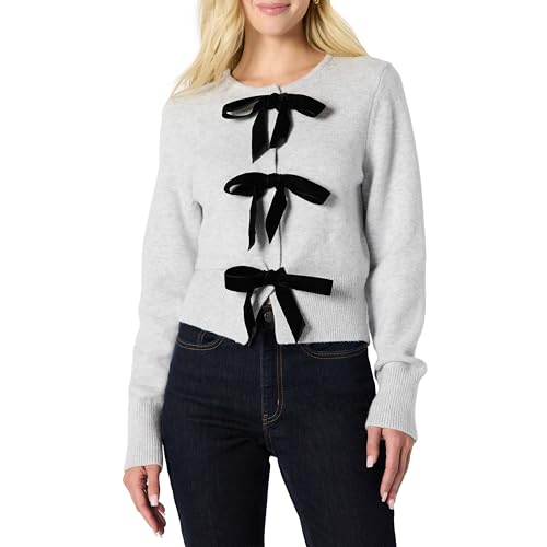 Amazon Essentials Womens Regular-Fit Long-Sleeve Tie Front Cardigan with Bows Light Grey Heather Large