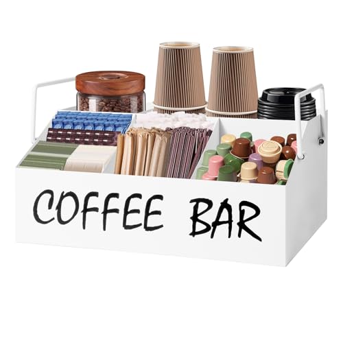 Image of Coffee Station Organizer for Countertop,5Compartments Coffee Bar Accessories and Organizer with handles,Black Coffee and Tea Condiment Organizer,White Coffee Bar Deco